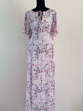 Forever 21 Contemporary White Maxi Dress with Pink and Green Floral Accents